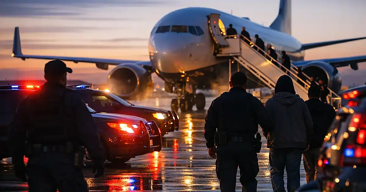 Aircraft on tarmac with official vehicles and silhouetted personnel during deportation operations at dusk