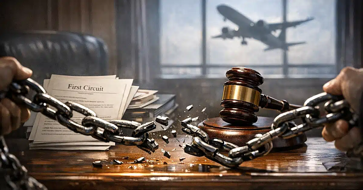 Gavel on bench with broken barriers and deportation plane visible through window, representing lifted court block