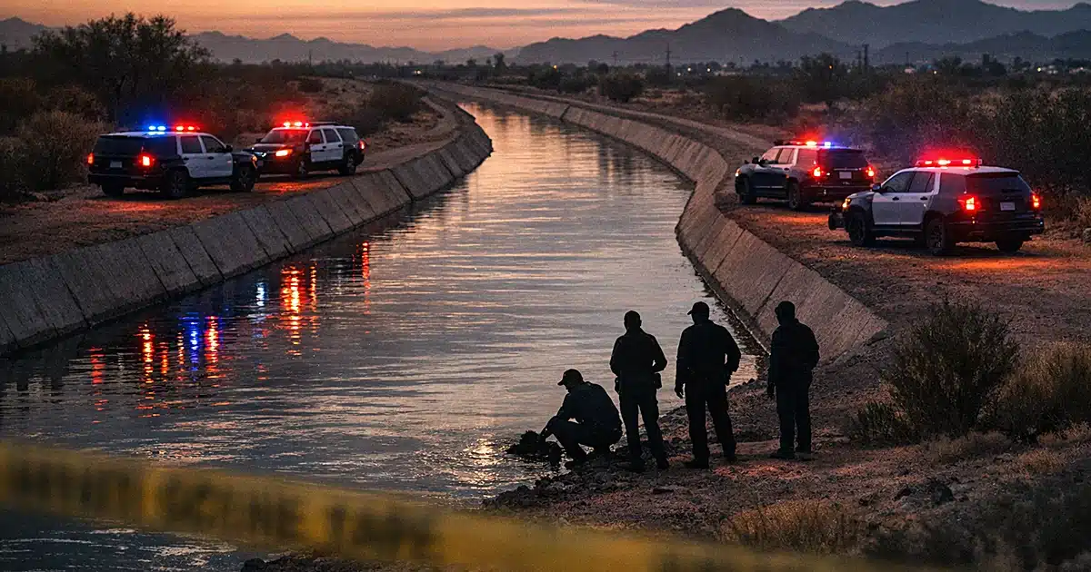 Aerial view of Arizona canal with police vehicles and silhouetted investigators at water's edge during investigation