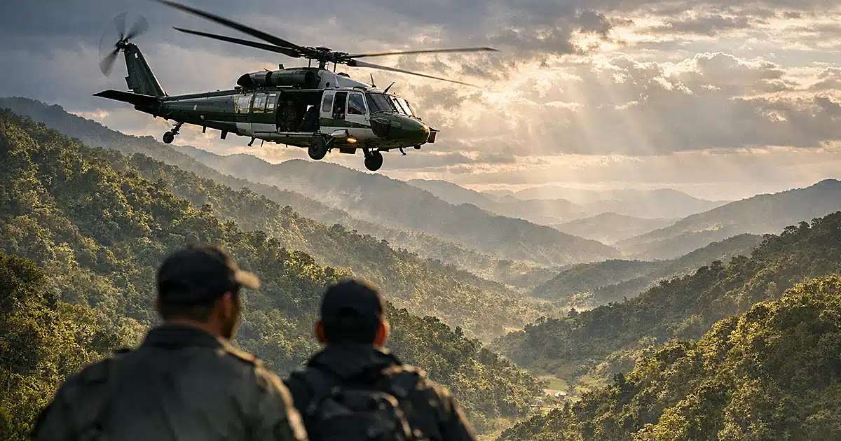 Police helicopter conducting search operation over mountainous Colombian terrain near Medell&iacute;n