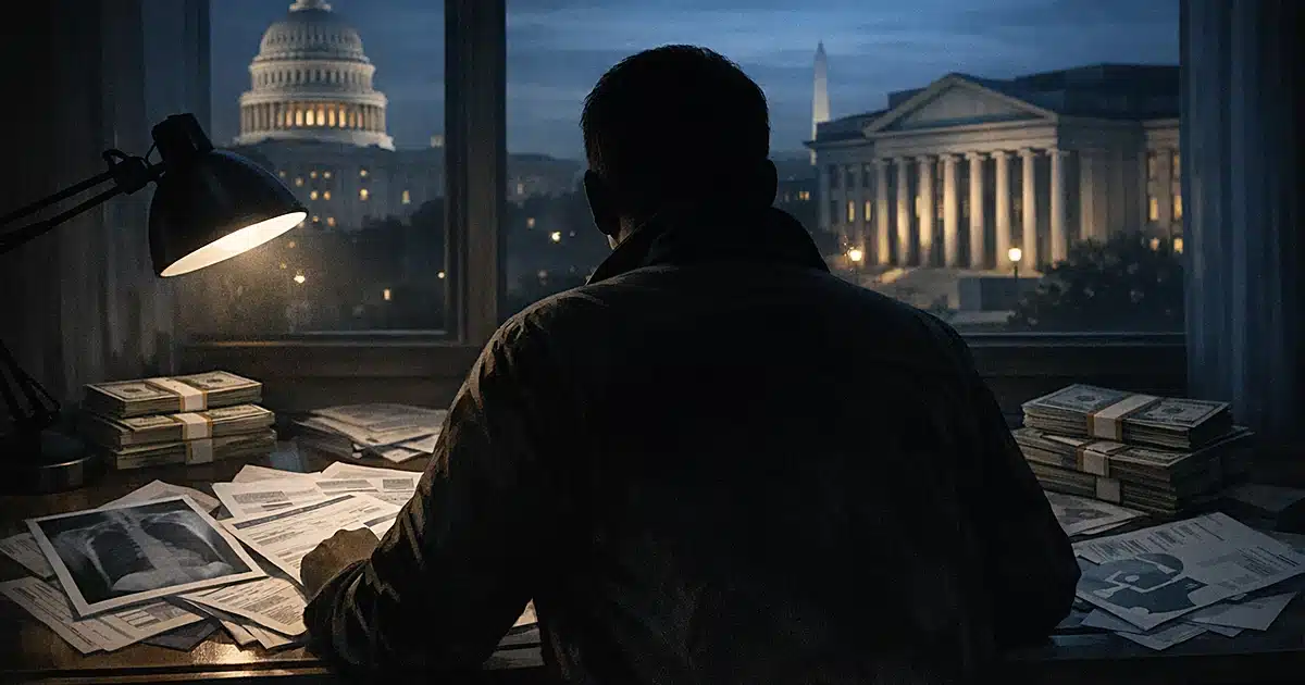 Silhouetted person reviewing medical documents at desk with government buildings visible through window in background