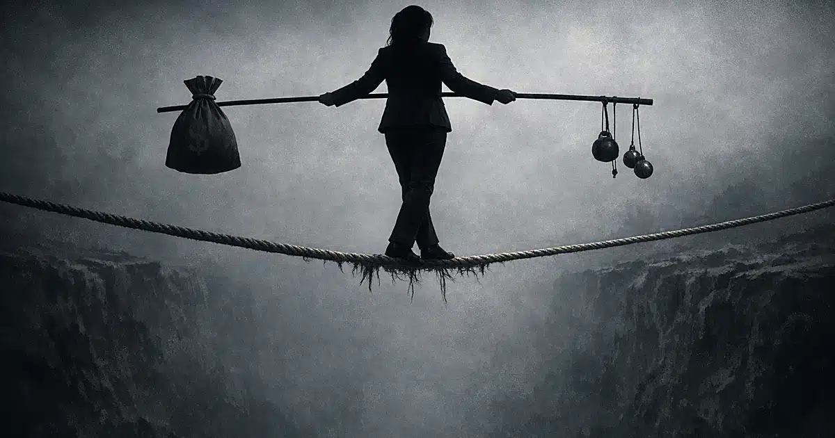 Silhouetted figure balancing on fraying tightrope with money bag and weights on pole over dark chasm