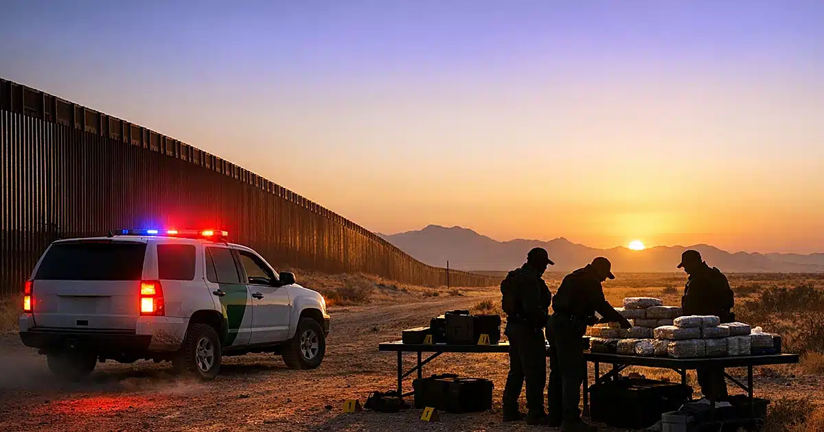 Border Patrol vehicle with emergency lights active beside evidence table at desert border fence during golden hour