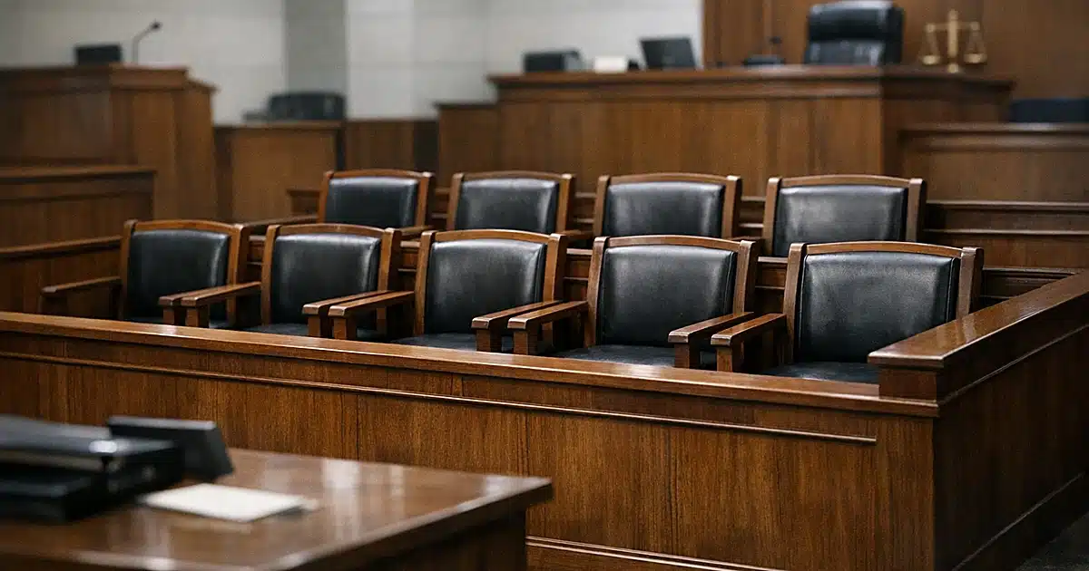 Empty jury box with wooden chairs in a Brazilian courtroom interior, photographed after a verdict