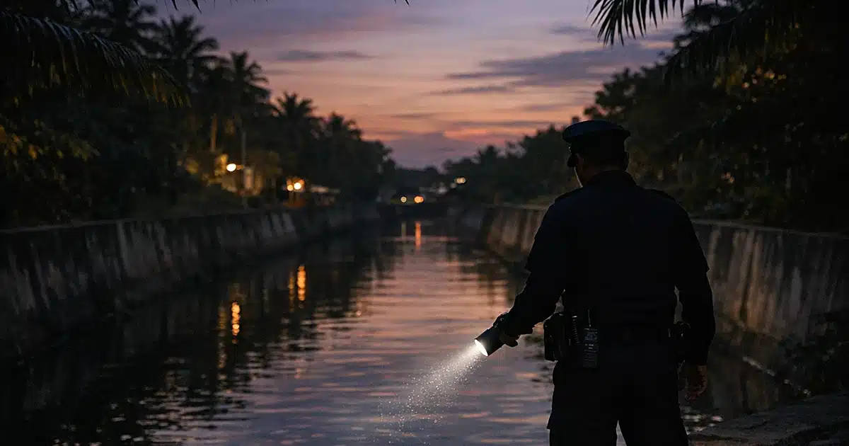 Police officer silhouette examining tropical drainage canal at dusk with flashlight beam across dark water