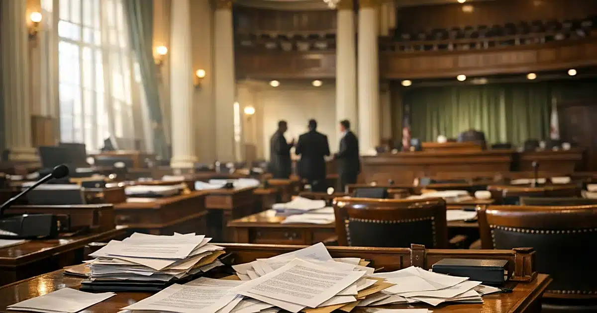 Empty California legislative chamber with scattered documents on desks, afternoon light through windows