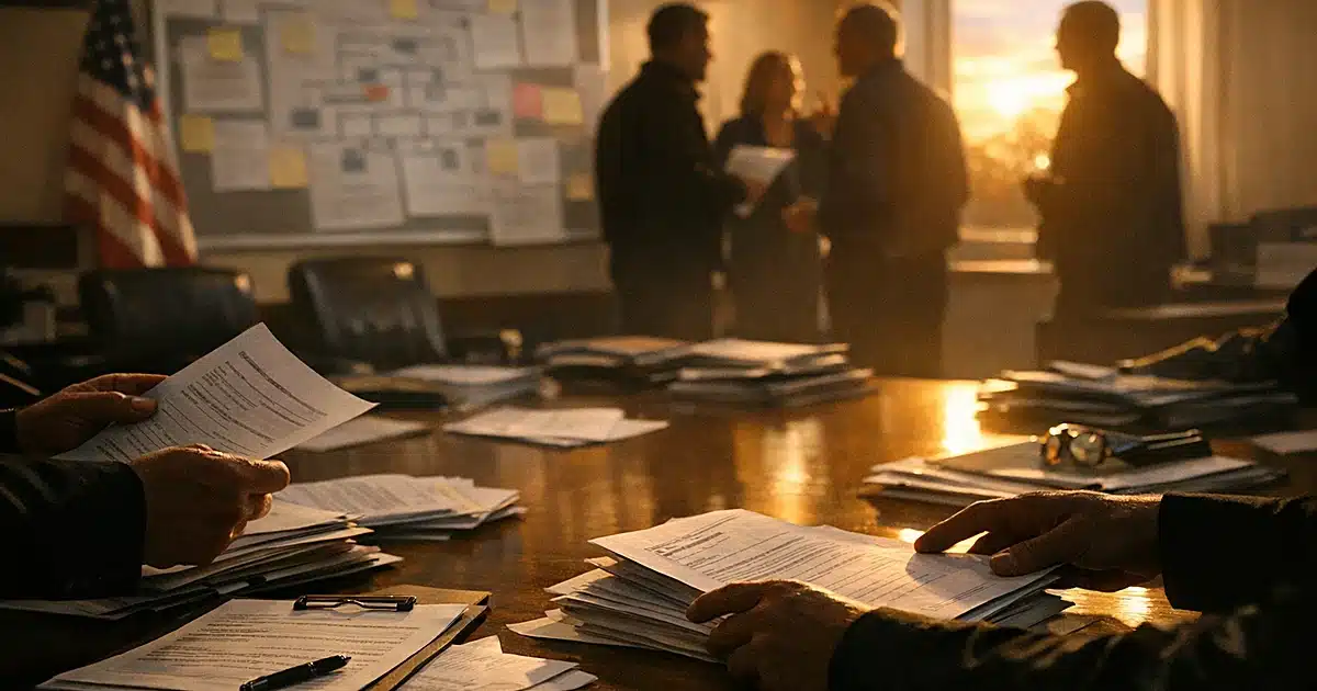 Republican Party office with officials reviewing membership documents at conference table during tense meeting