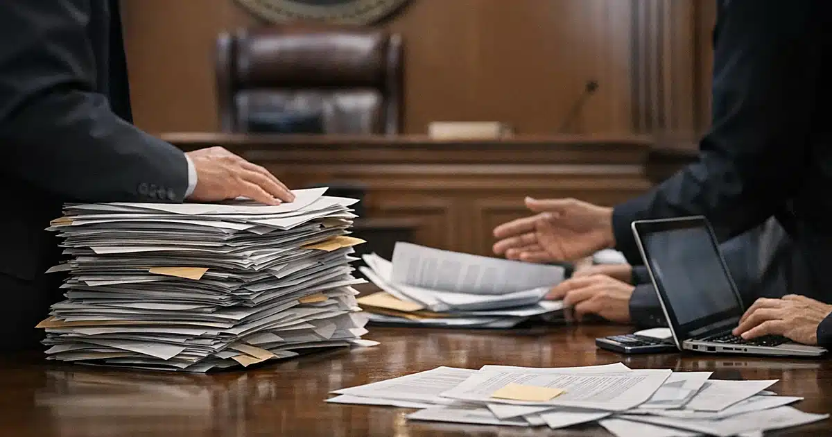 Illustration of government documents, calendar pages, and currency symbols representing administrative processing delays