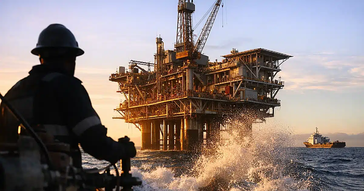 Offshore oil drilling platform in ocean at sunset with silhouetted worker operating equipment on deck