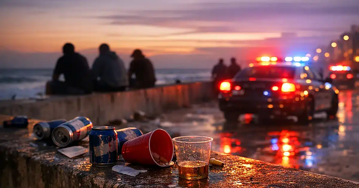 Beer cans on concrete seawall with police lights flashing at beach during dusk