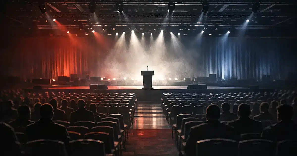 Empty conference hall with rows of chairs facing illuminated stage with podium, viewed from behind audience area