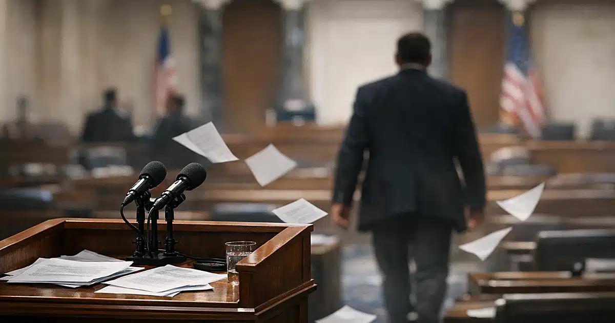 Editorial illustration depicting a political figure stepping away from a podium with California state imagery in background