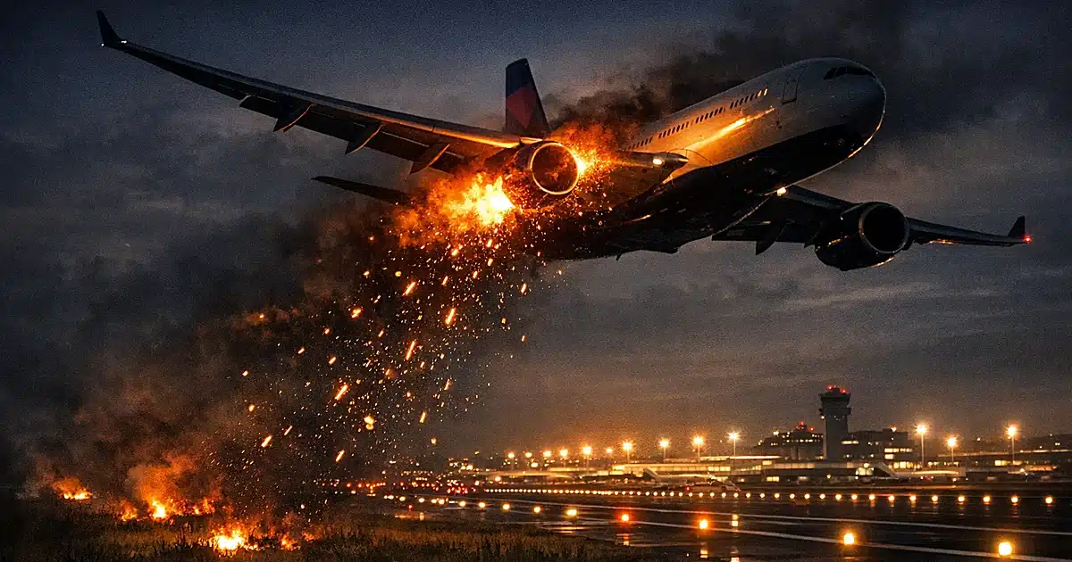 Aircraft engine on fire at night with debris falling toward runway and grass fires below