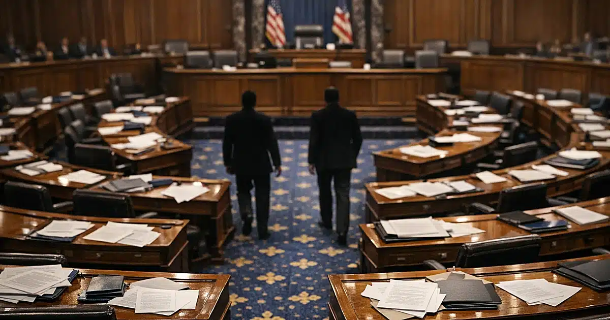 Interior view of Senate chamber with empty desks and scattered papers after procedural vote