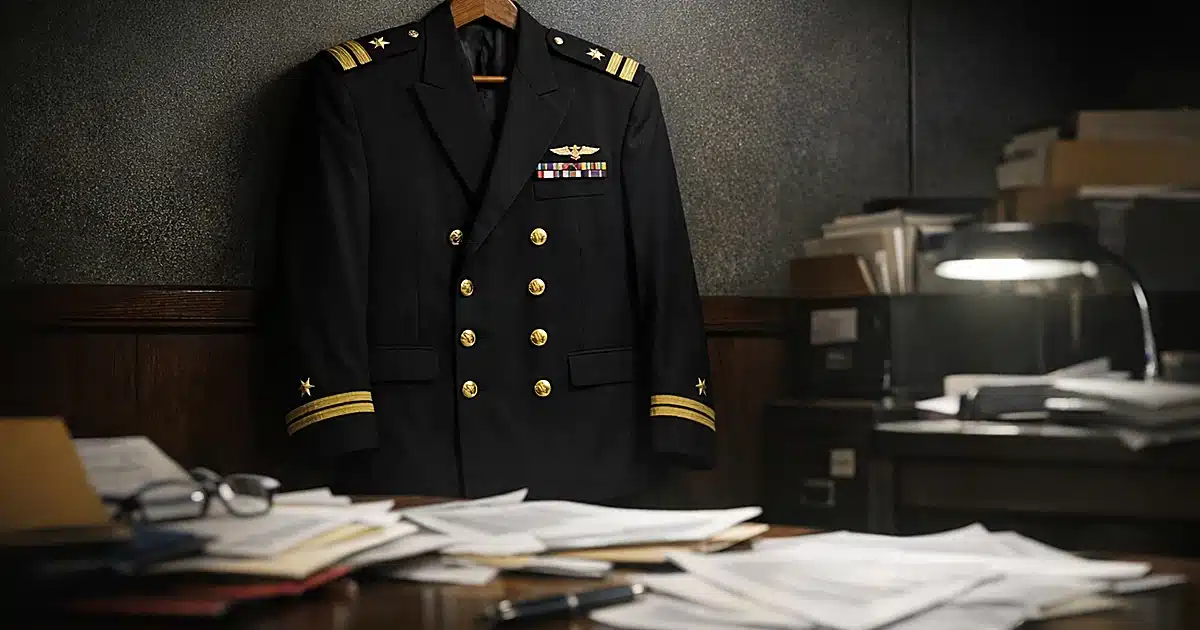 Empty Navy dress uniform jacket hanging in military office with scattered documents on desk in foreground