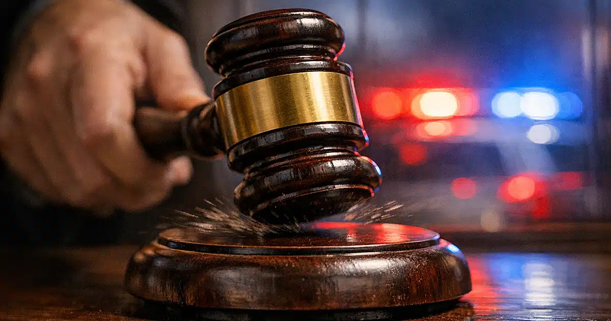 Illustration depicting a gavel and scales of justice with abstract elements representing legal proceedings