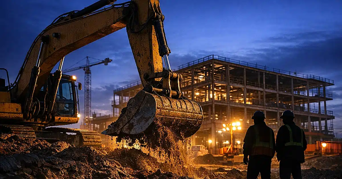 Construction excavator digging earth at hospital building site during dusk with steel framework visible behind