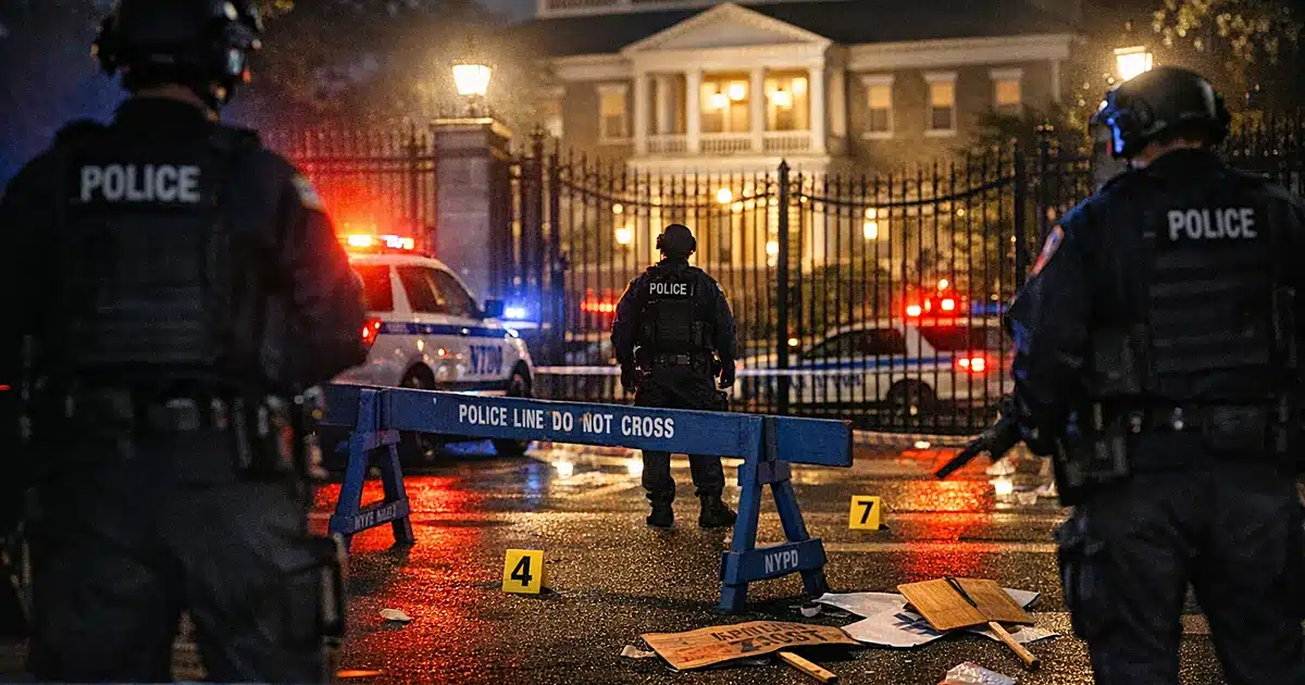 Police securing crime scene outside Gracie Mansion with barricades and evidence markers after bombing attempt