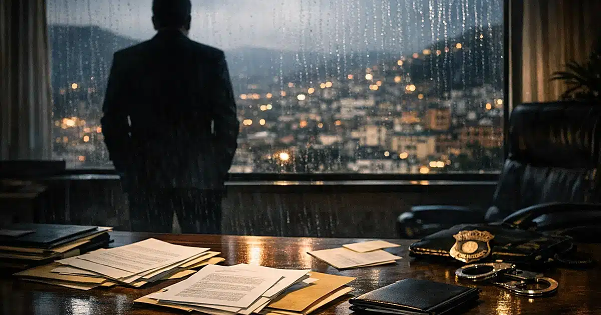 Silhouetted figure at window in government office with documents scattered on desk during investigation