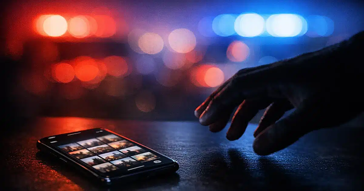 Smartphone on dark surface with silhouetted hand reaching toward it, police lights blurred in background