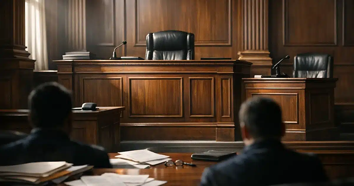 Empty federal courtroom with judge's bench, witness stand, and scattered legal documents on table in foreground