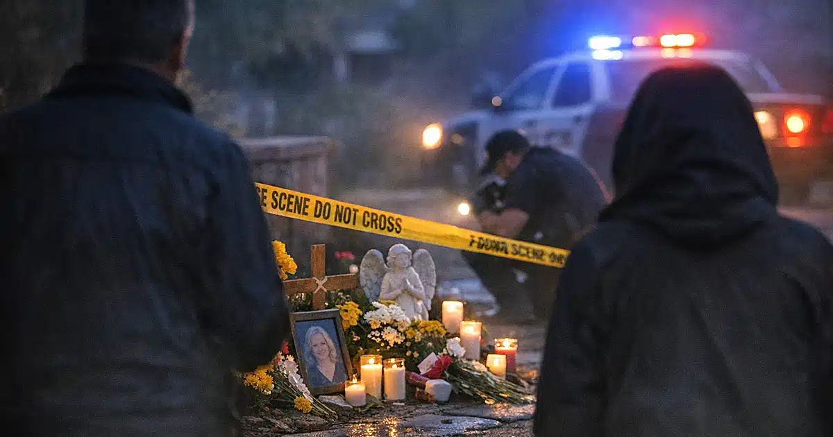 Editorial illustration depicting a memorial with flowers outside a home under watchful observation