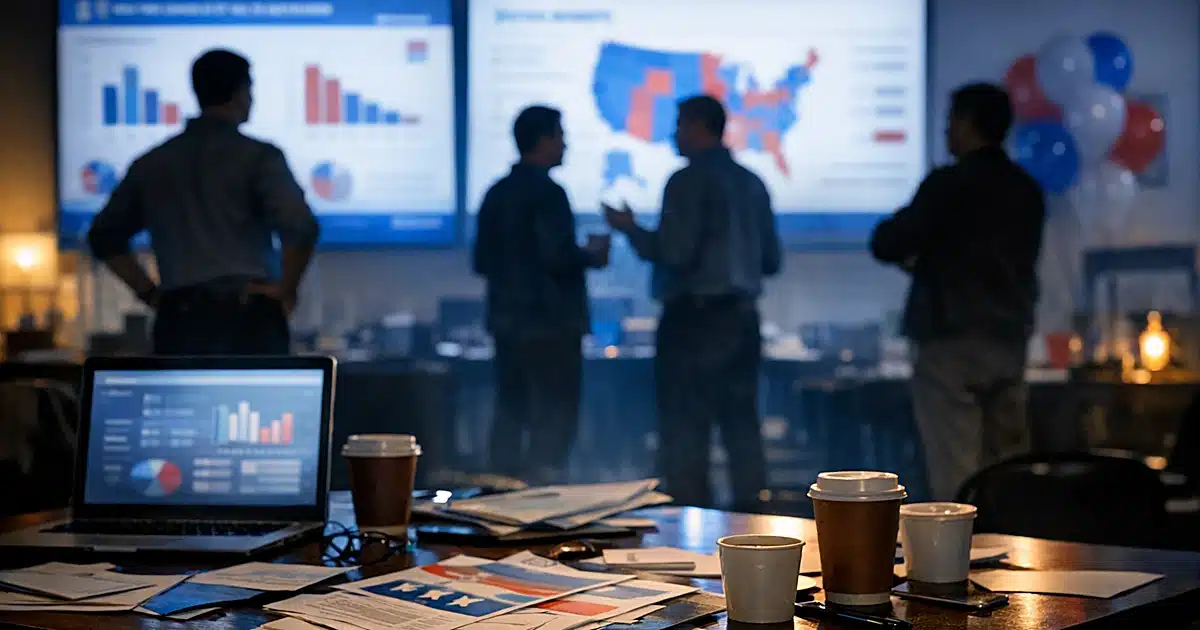 Campaign office on election night with silhouetted figures and glowing screens showing abstract election data