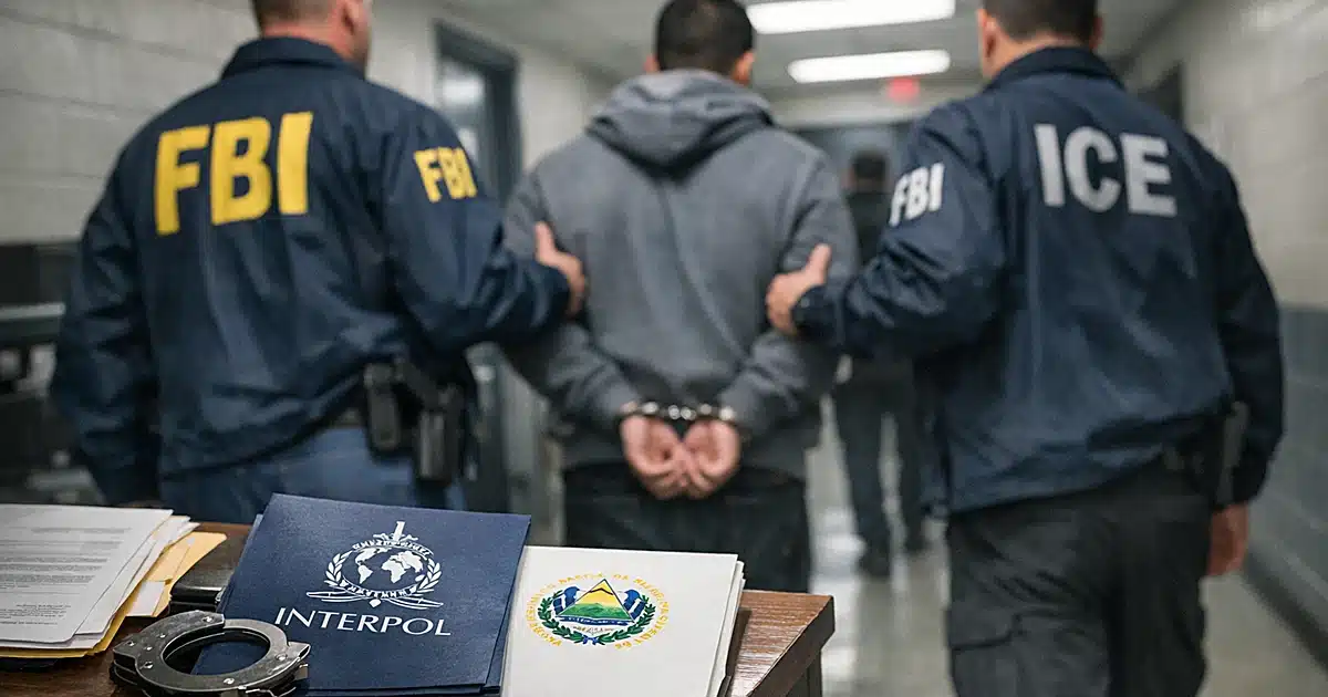 FBI agents escorting handcuffed suspect through secure corridor for ICE transfer in Connecticut office