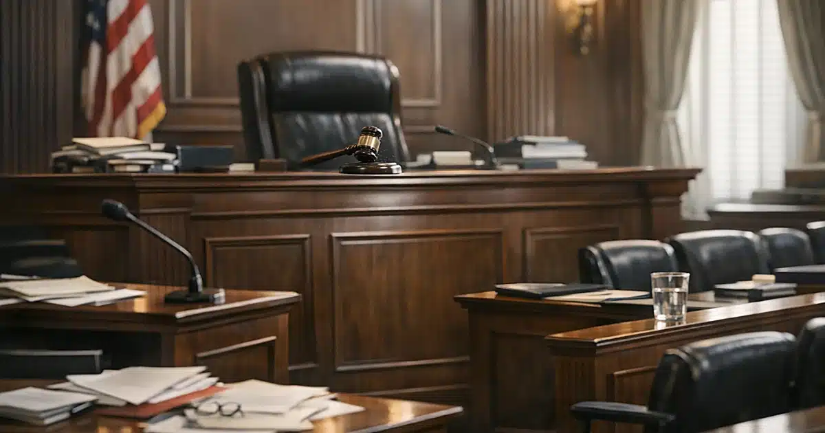 Empty federal courtroom interior showing judge's bench, witness stand, and scattered legal documents