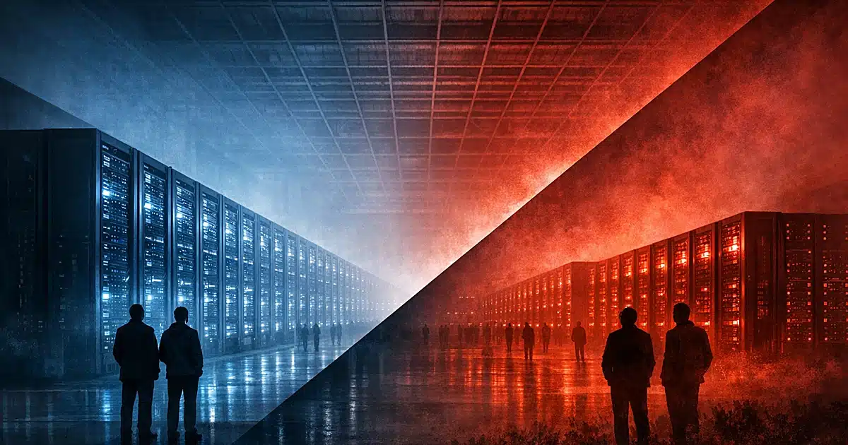 Data center server racks split between blue-lit and red-lit sections representing AI infrastructure competition