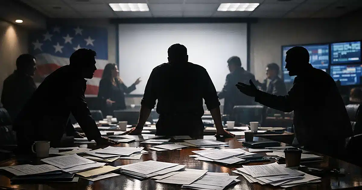 Silhouetted figures around conference table in political party headquarters with scattered documents