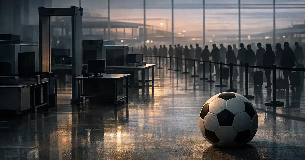 Empty airport security checkpoint with abandoned equipment and distant traveler silhouettes, soccer ball in foreground