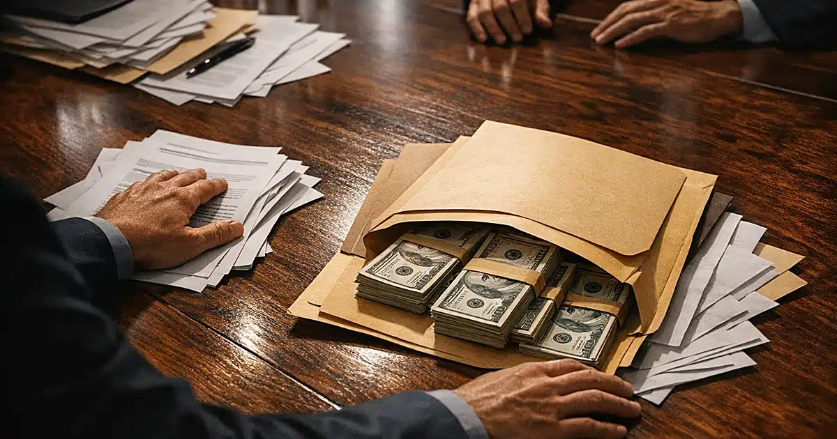 Silhouetted hands moving documents and cash across a boardroom table with dramatic window lighting
