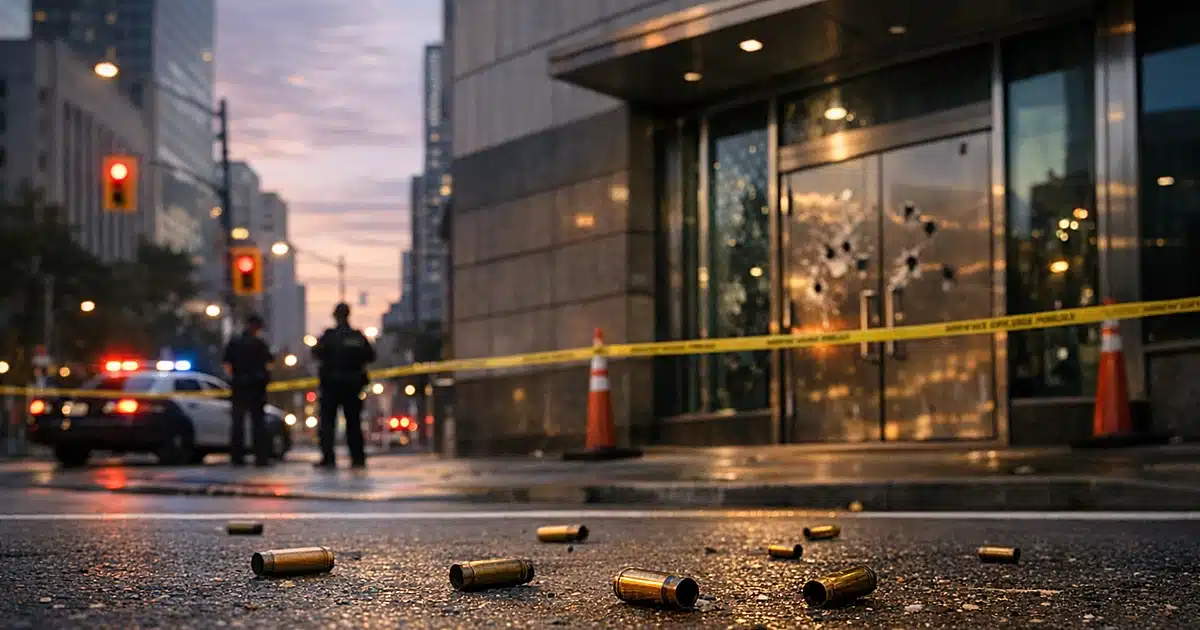 U.S. Consulate building in Toronto with bullet damage on entrance and shell casings on pavement at dawn