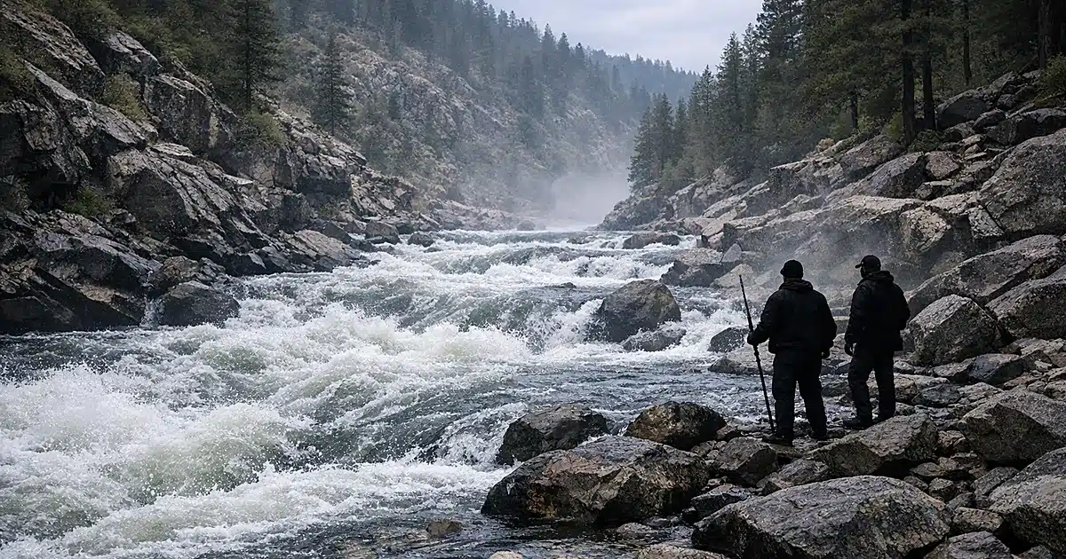 Fast-flowing mountain river with white rapids rushing through rocky canyon terrain in overcast conditions