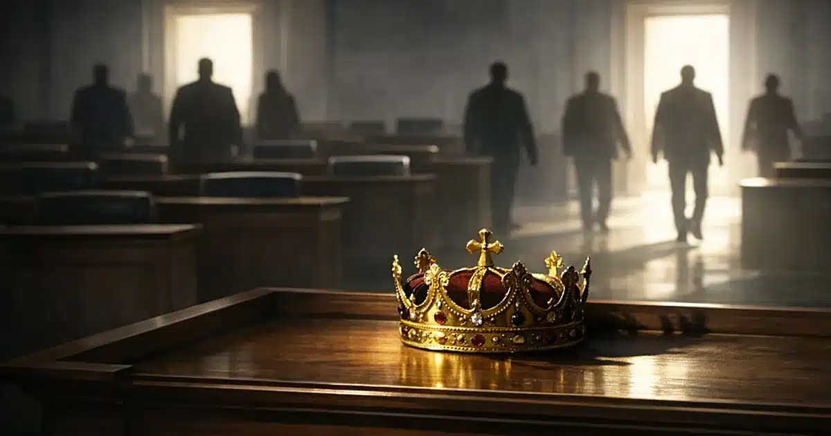 Empty crown on podium in government chamber with silhouettes walking away in background