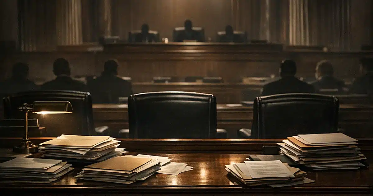 Empty congressional hearing desk with documents and folders scattered across surface in formal chamber setting