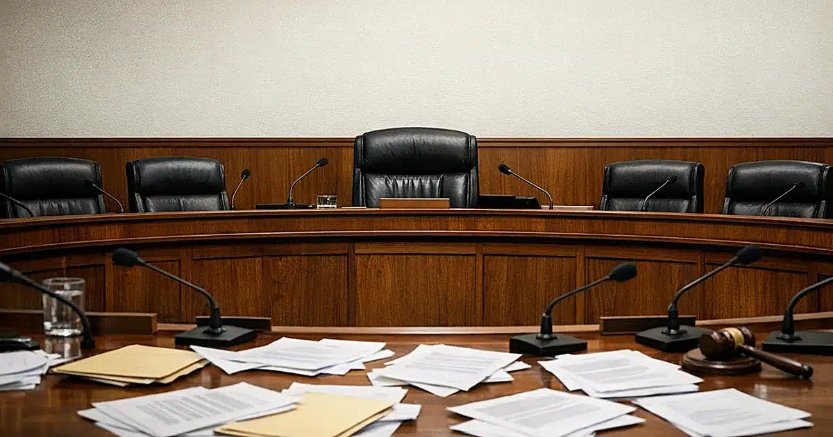 Empty congressional committee hearing room with scattered papers on dais after late-night session