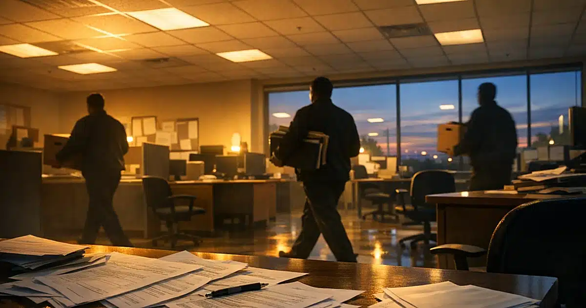 Government benefits office interior with scattered forms on desks and silhouetted officials carrying document boxes