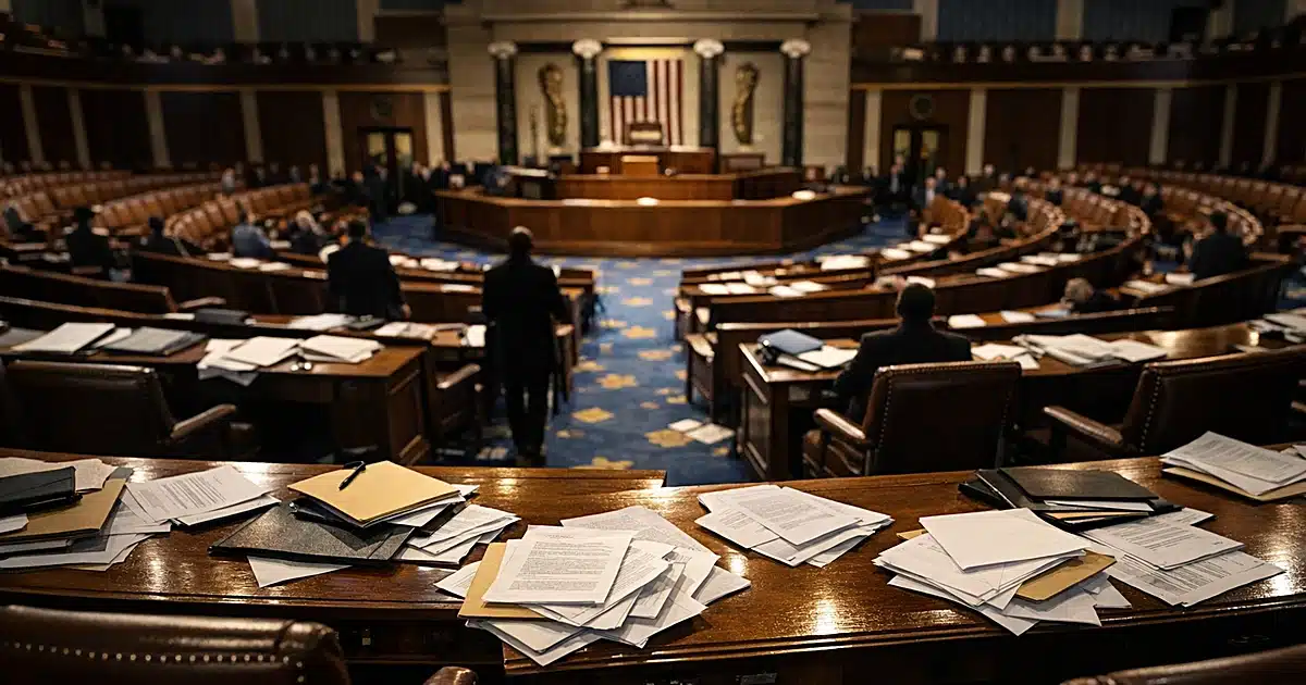 Wide view of House chamber floor with scattered papers on desks and empty seats under dramatic overhead lighting