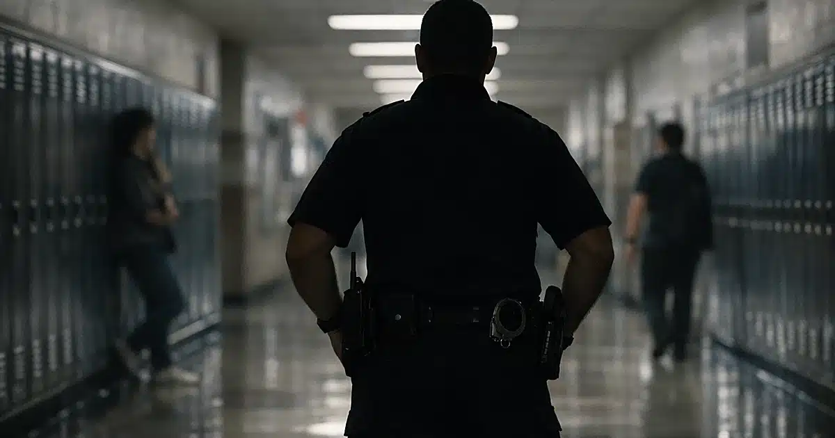 Empty high school hallway with lockers and silhouetted security figure standing in shadows