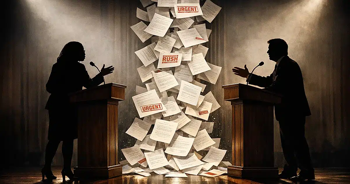 Two Supreme Court justices debating at podiums with emergency legal documents falling between them on stage