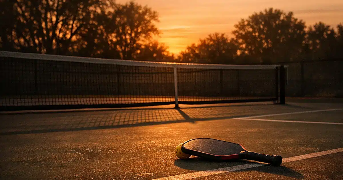 Abandoned pickleball paddle on empty court at dusk with long shadows and golden light
