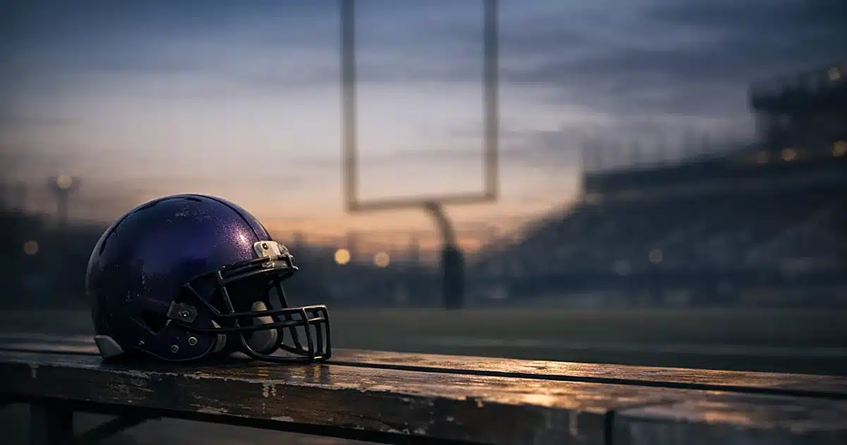 Purple football helmet resting alone on stadium bench at dusk with goal posts silhouetted in background