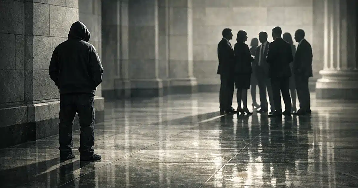 Lone figure in hoodie separated from group of business-suited silhouettes across marble corridor