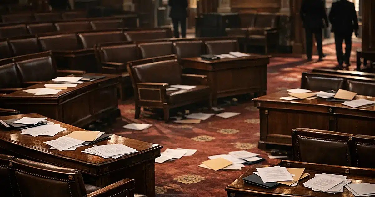 Empty seats and scattered papers on House chamber floor with silhouetted figures in distant aisles