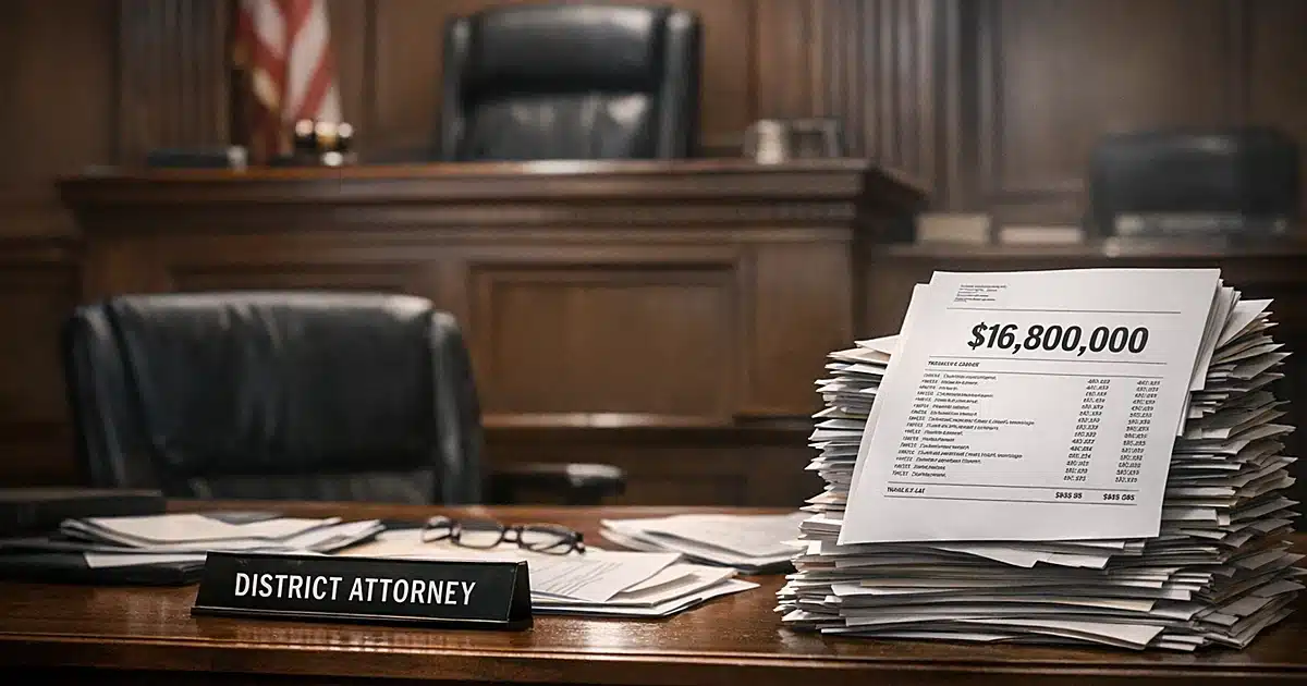 Empty prosecutor's table with legal documents faces judge's bench while defense table shows stacks of legal fee bills