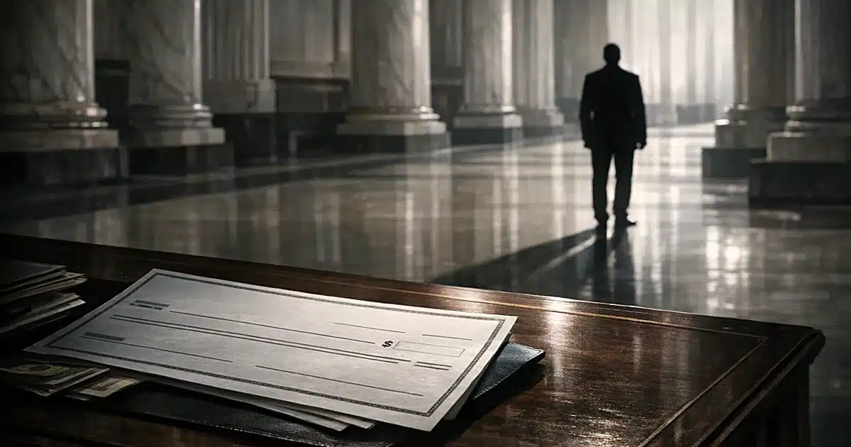 Silhouetted figure in government building with payment document on desk, dramatic shadows and marble columns