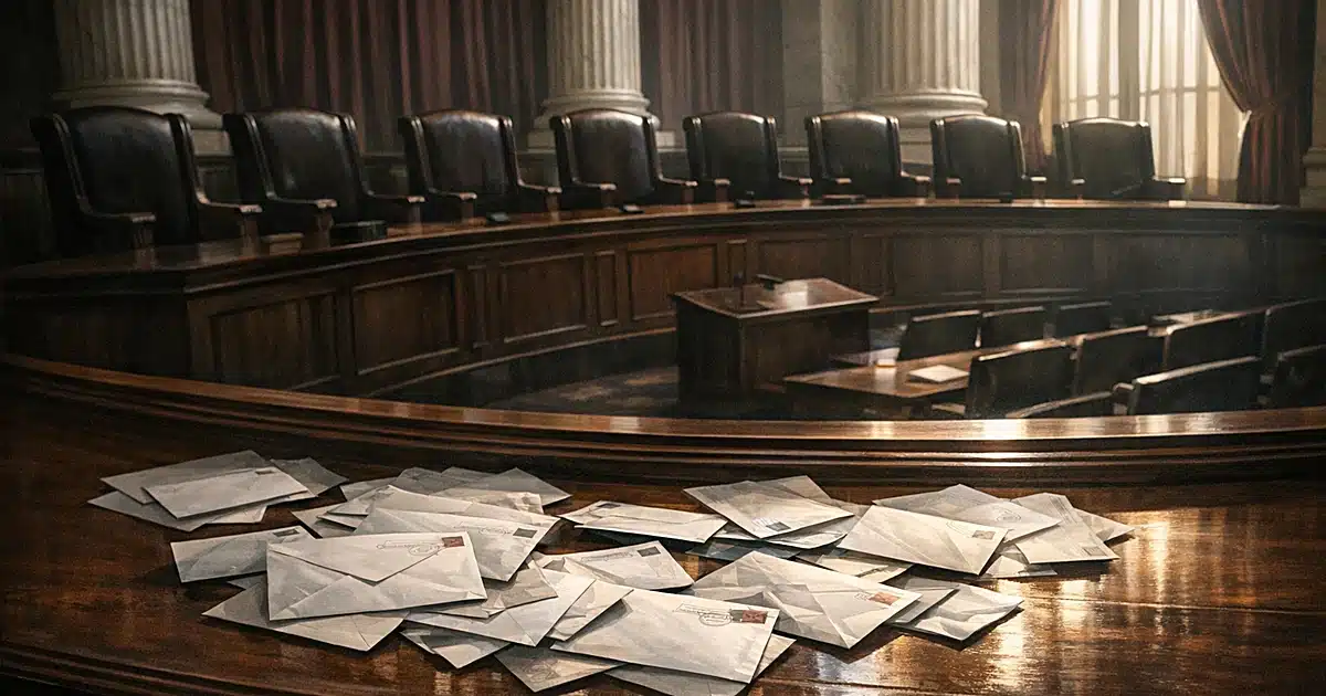Overhead view of Supreme Court bench with scattered mail-in ballot envelopes on wooden surface in dramatic lighting