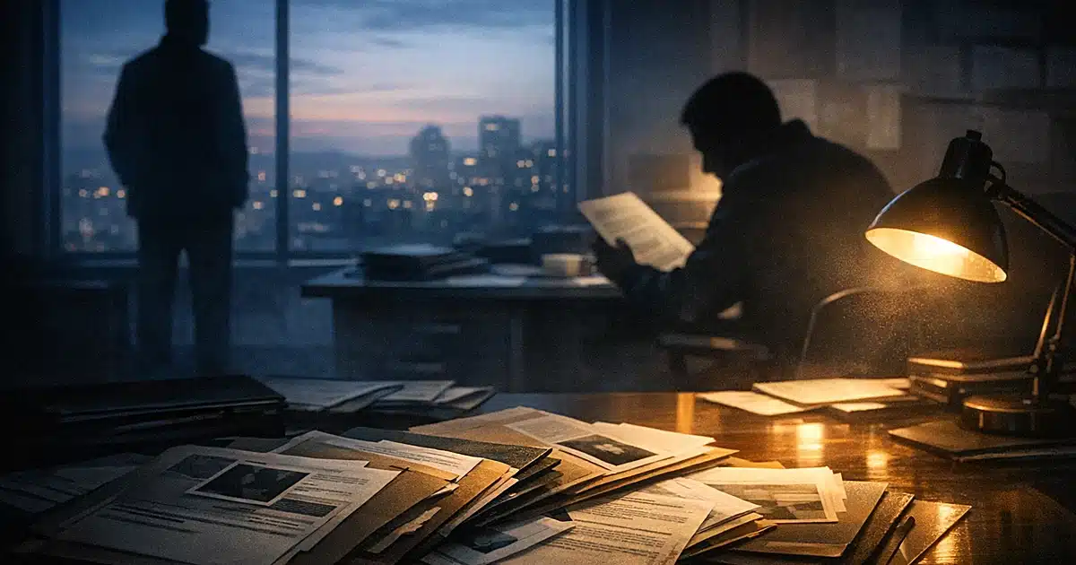 Silhouetted figures in dark office reviewing classified files on desk with city skyline visible through window